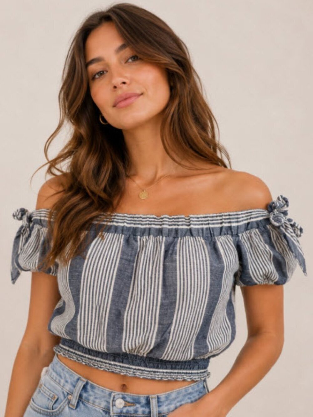 Chocolate Blue Stripe Off the Shoulder Crop Cap Sleeve Boho Top Large​​​​​​​​